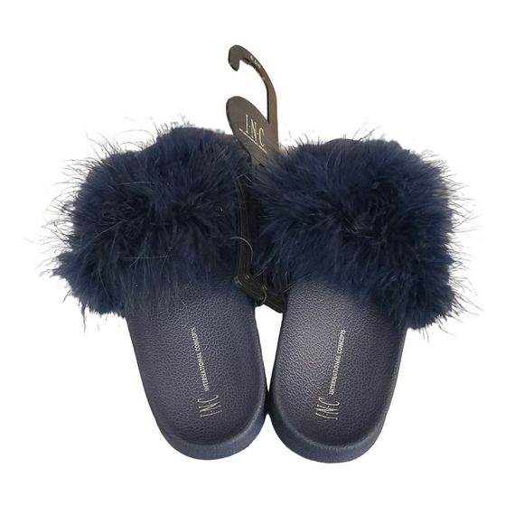 INC Marabou Pool Slides Vibrant Navy Size 7/8 - Picture 1 of 5